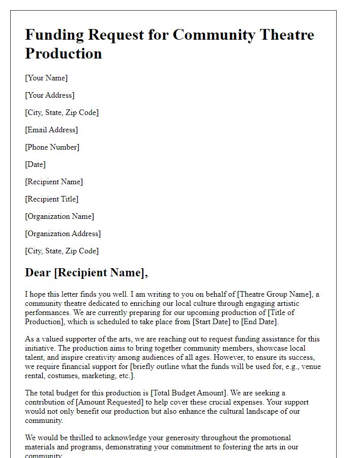 Letter template of funding request for community theatre production.