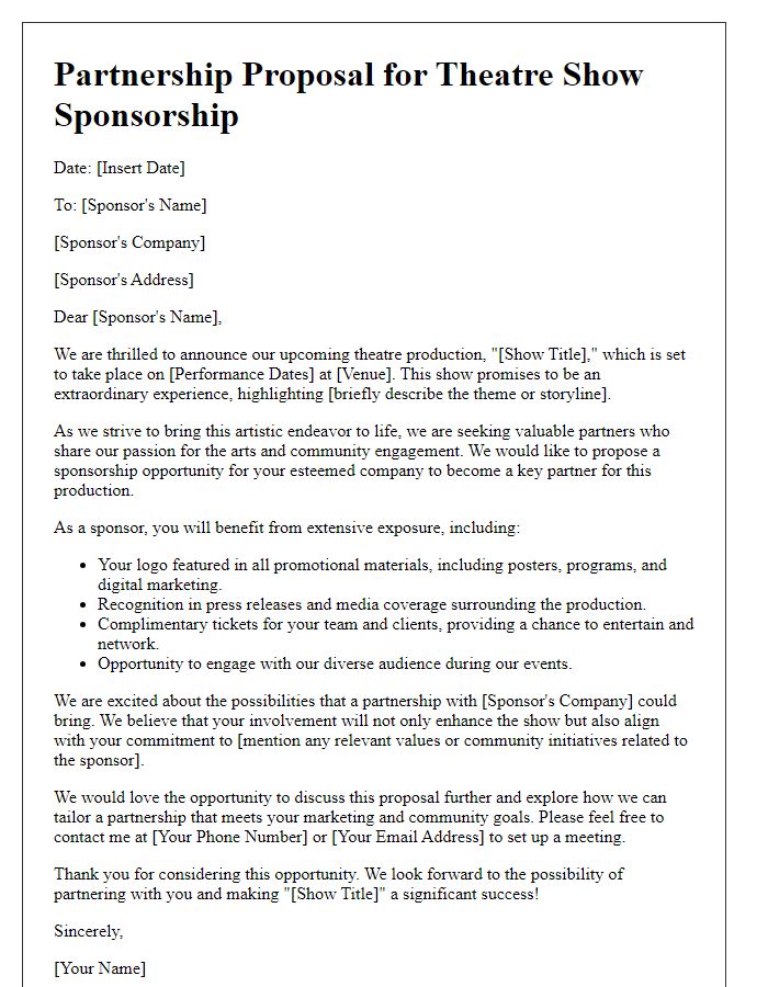 Letter template of partnership proposal for theatre show sponsorship.