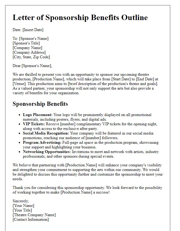 Letter template of sponsorship benefits outline for theatre production.