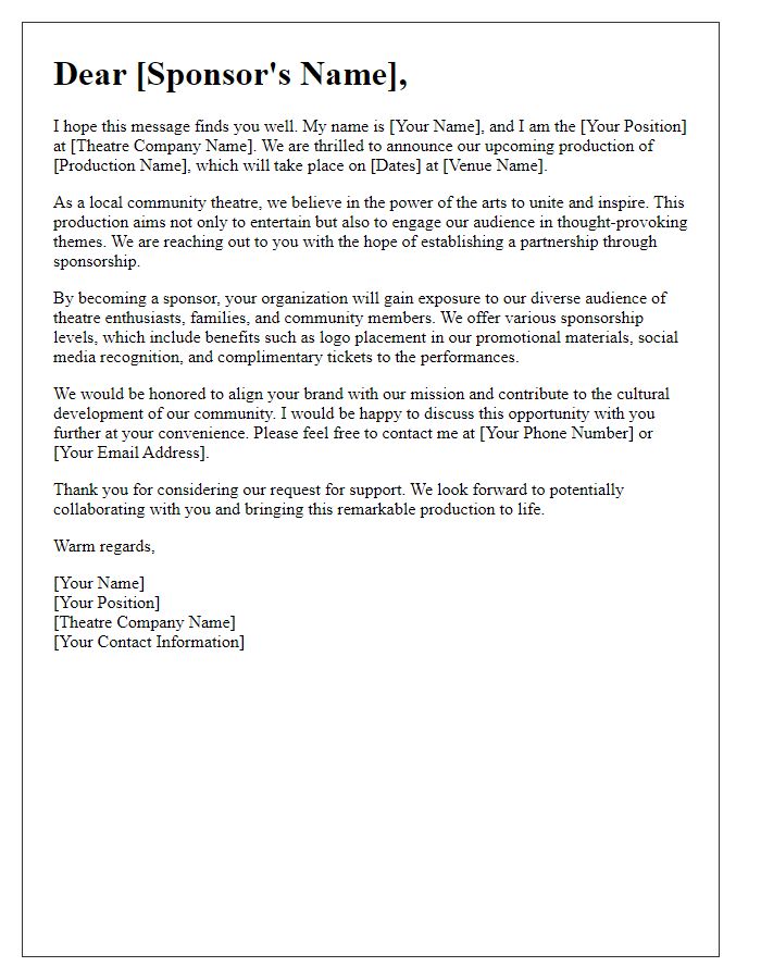 Letter template of sponsorship inquiry for local theatre production.