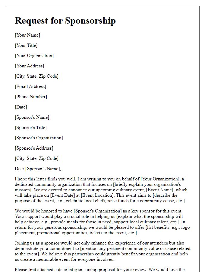 Letter template of culinary event sponsorship request for community organizations.