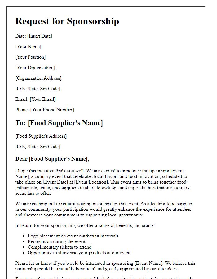 Letter template of culinary event sponsorship request for food suppliers.