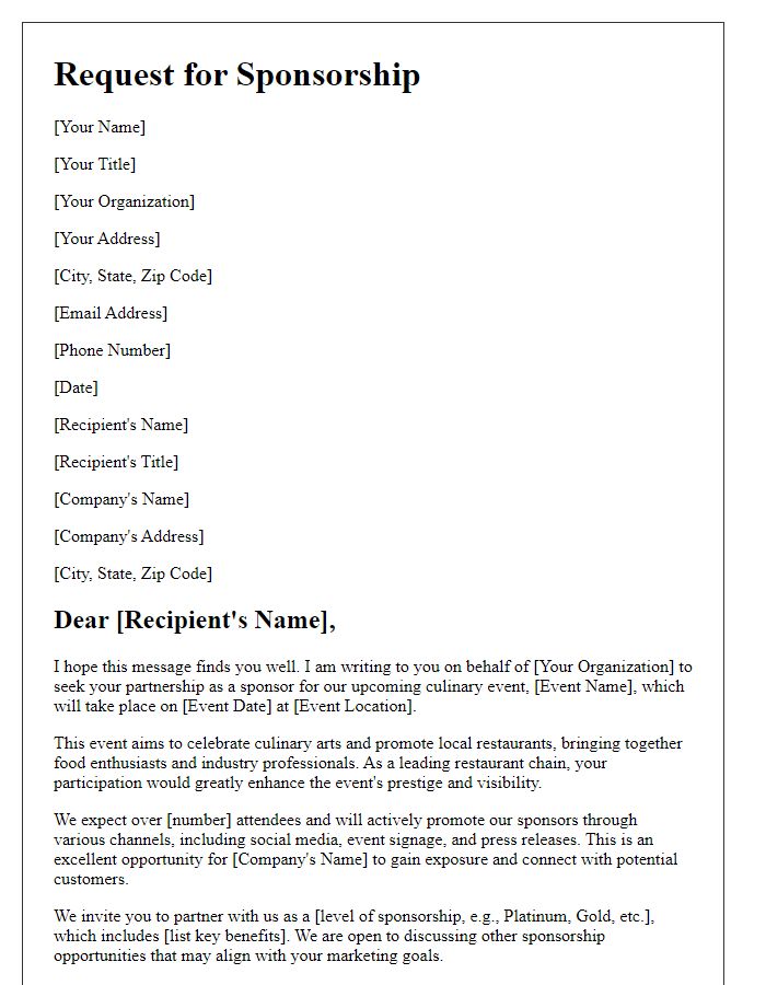 Letter template of culinary event sponsorship request for restaurant chains.