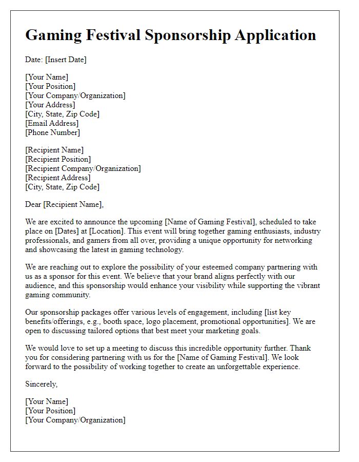 Letter template of gaming event sponsorship application for gaming festival.