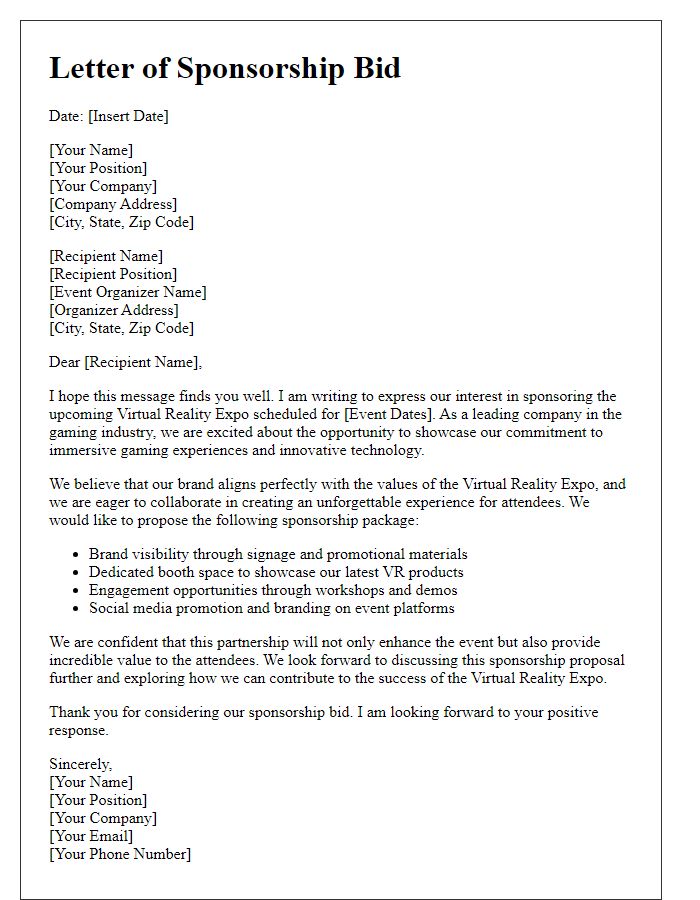 Letter template of gaming event sponsorship bid for virtual reality expo.