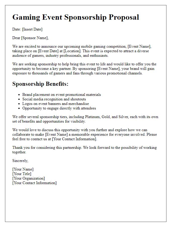 Letter template of gaming event sponsorship offer for mobile gaming competition.