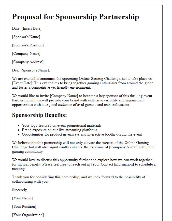 Letter template of gaming event sponsorship partnership for online gaming challenge.