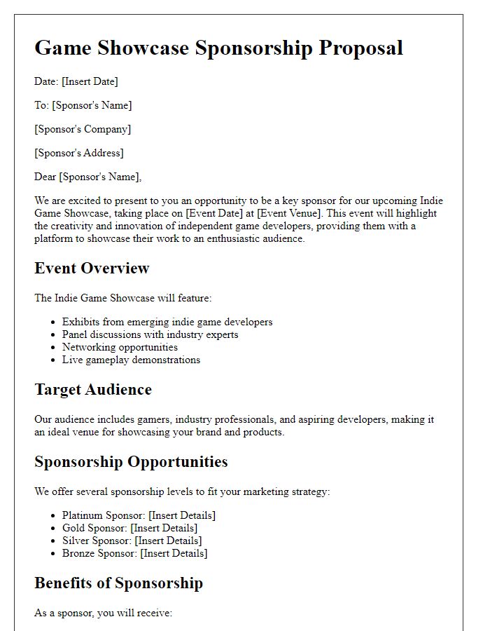 Letter template of gaming event sponsorship plan for indie game showcase.