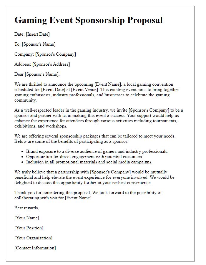 Letter template of gaming event sponsorship proposal for local gaming convention.