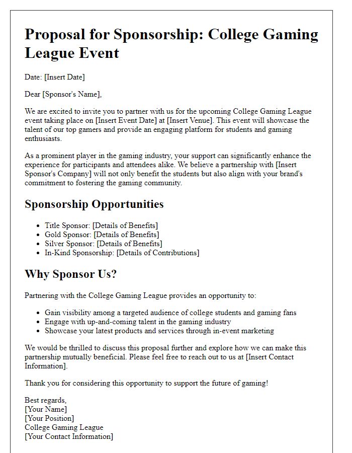 Letter template of gaming event sponsorship prospectus for college gaming league.