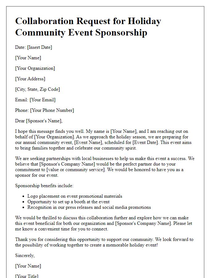 Letter template of collaboration request for holiday community event sponsorship.