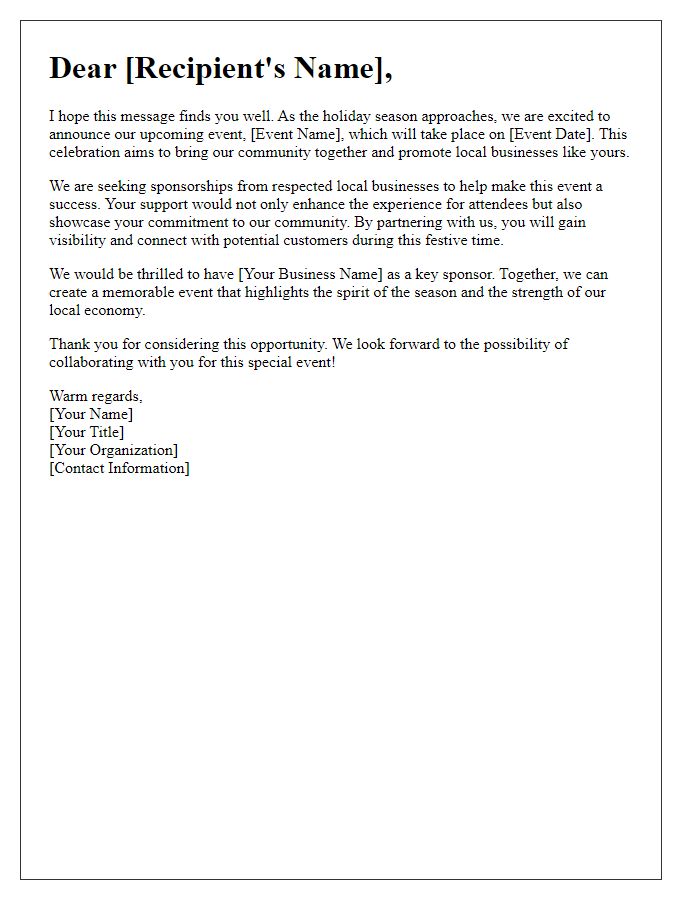 Letter template of encouragement for local business holiday event sponsorship.