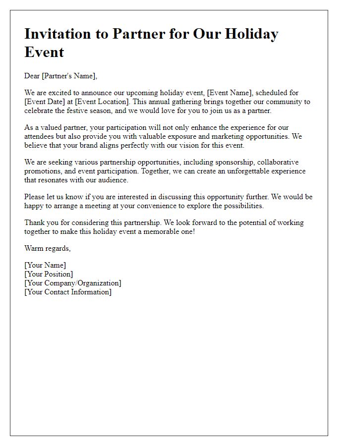 Letter template of invitation for holiday event partnership opportunity.