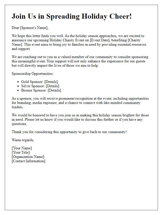 Letter template of outreach for holiday charity event sponsorship.