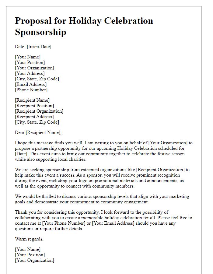 Letter template of proposal for holiday celebration sponsorship.