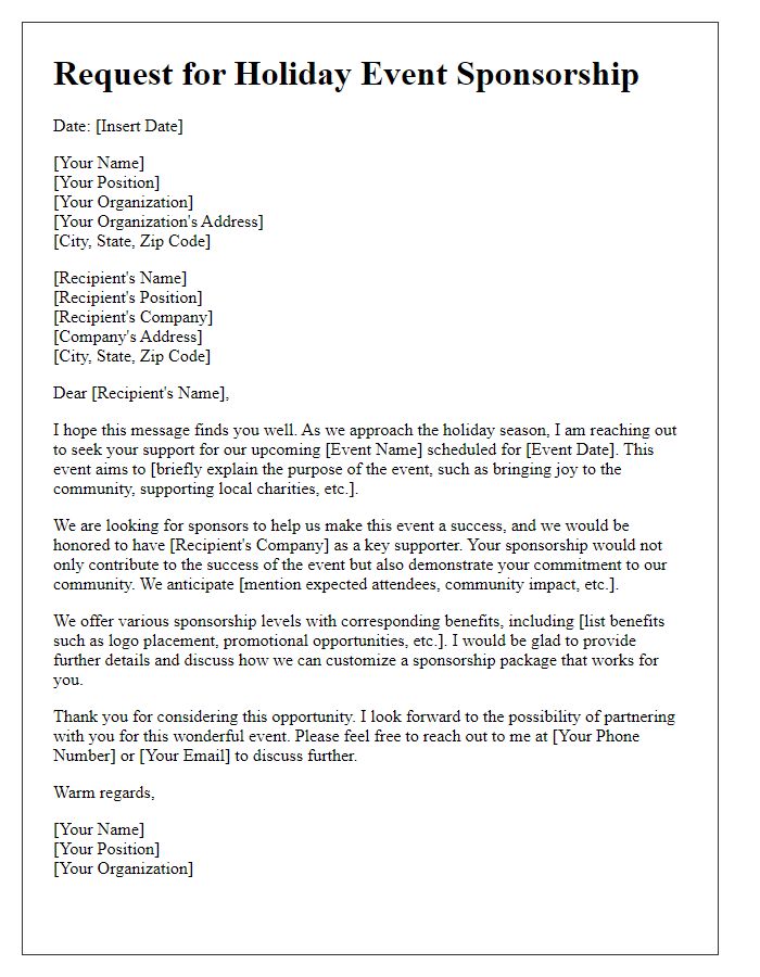 Letter template of request for holiday event sponsorship support.