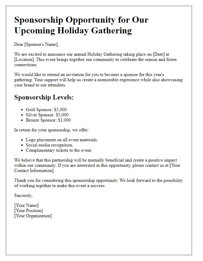 Letter template of sponsorship opportunity for upcoming holiday gathering.