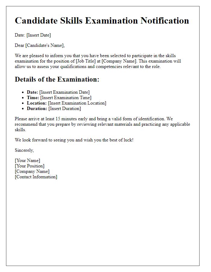 Letter template of candidate skills examination