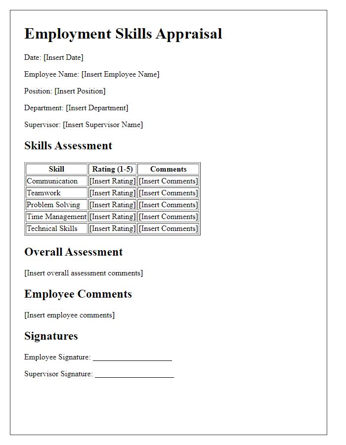 Letter template of employment skills appraisal