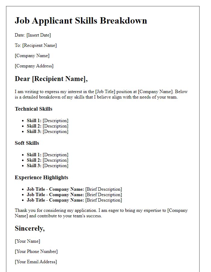 Letter template of job applicant skills breakdown