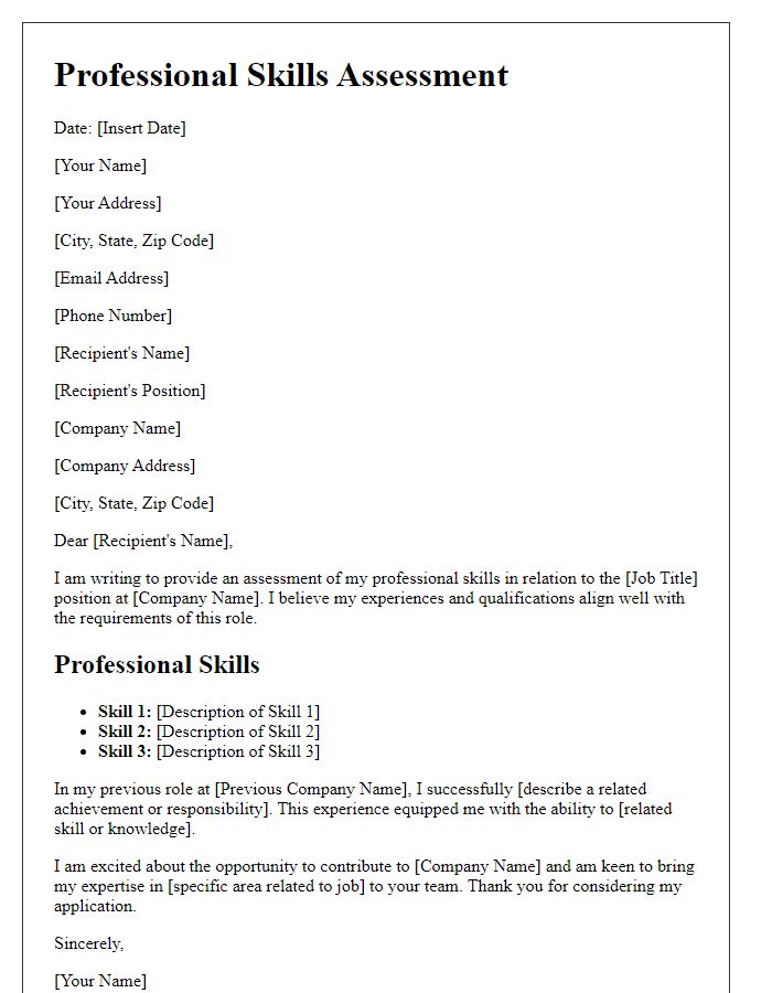 Letter template of professional skills assessment for job application