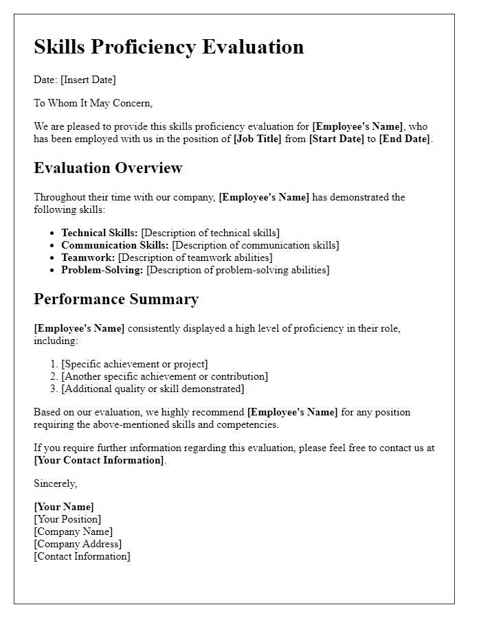 Letter template of skills proficiency evaluation for employment