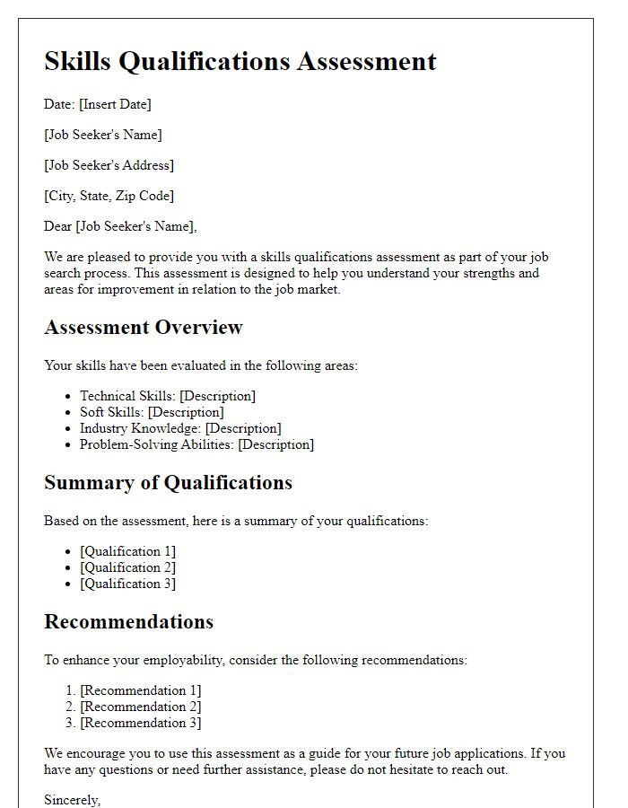 Letter template of skills qualifications assessment for job seekers