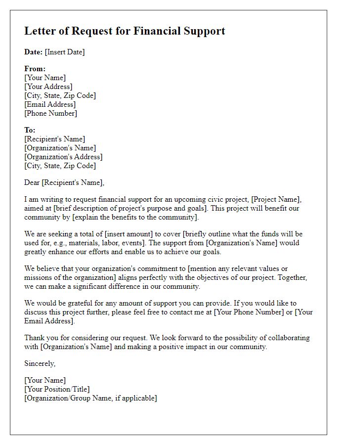 Letter template of financial support request for civic project