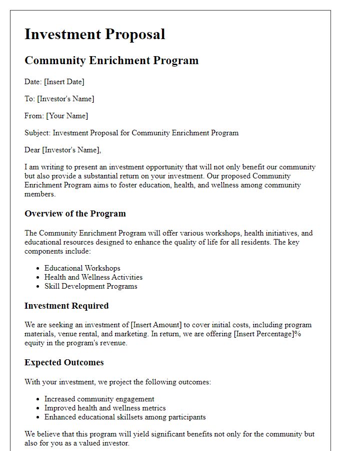 Letter template of investment proposal for community enrichment program