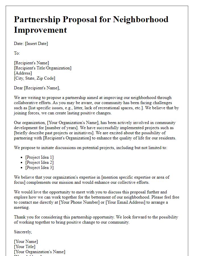 Letter template of partnership proposal for neighborhood improvement