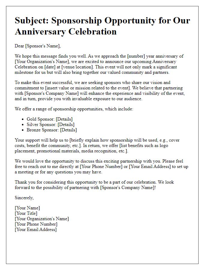 Letter template of Anniversary Celebration Sponsorship Request