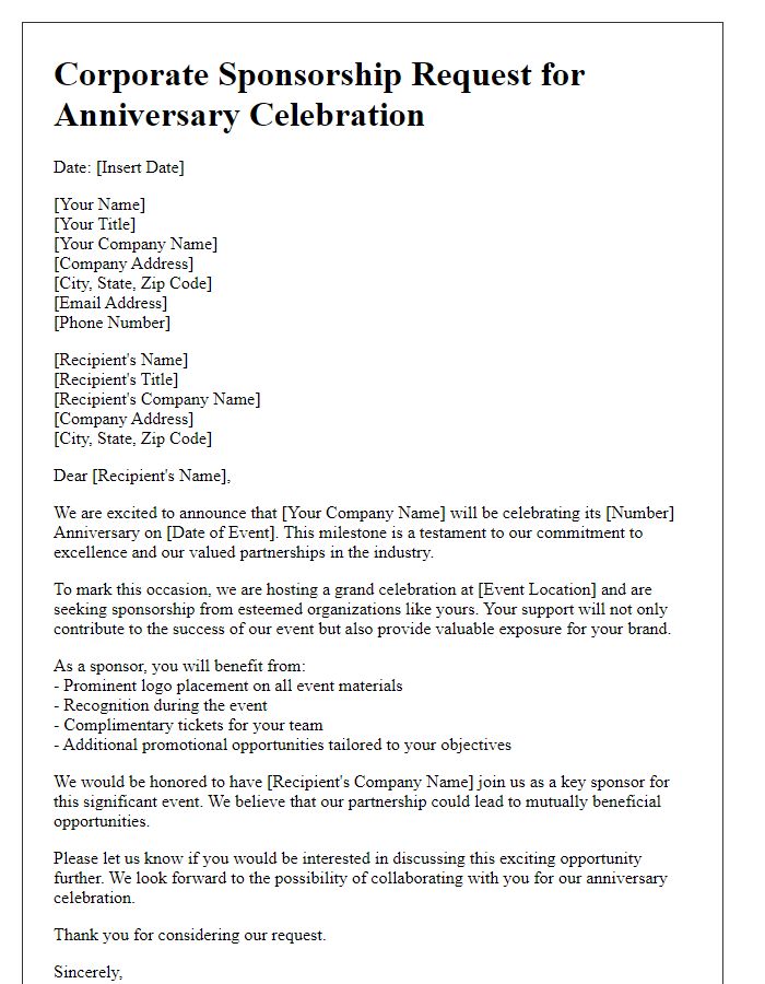 Letter template of Corporate Sponsorship for Anniversary Occasion