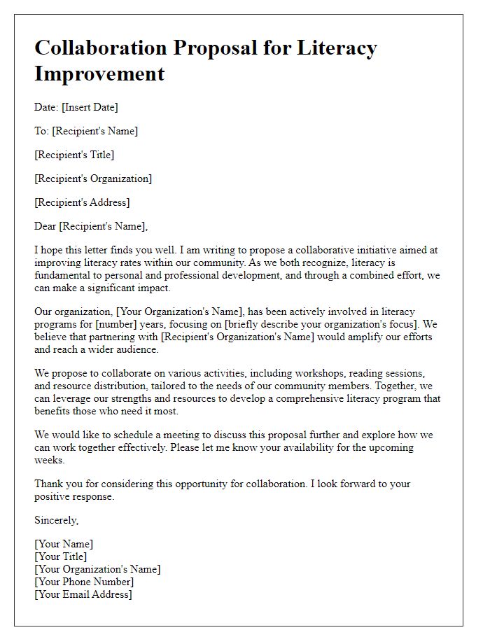 Letter template of collaboration proposal for literacy improvement.