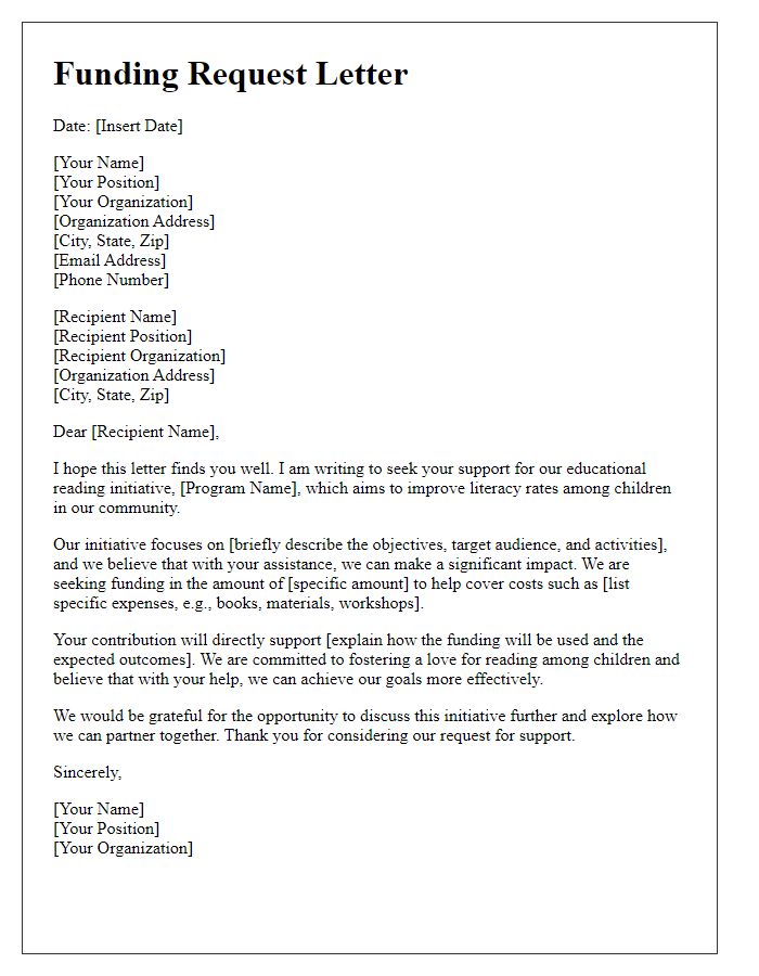 Letter template of funding request for an educational reading initiative.