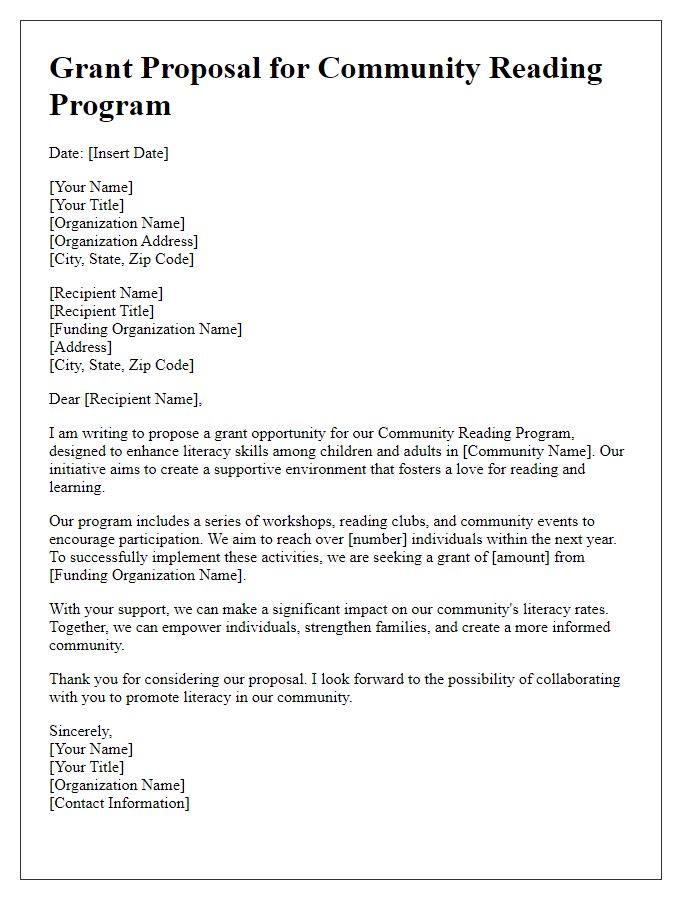 Letter template of grant proposal for community reading programs.