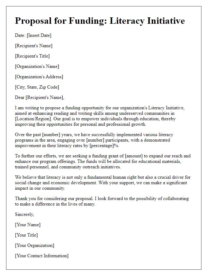 Letter template of proposal for funding a literacy initiative.