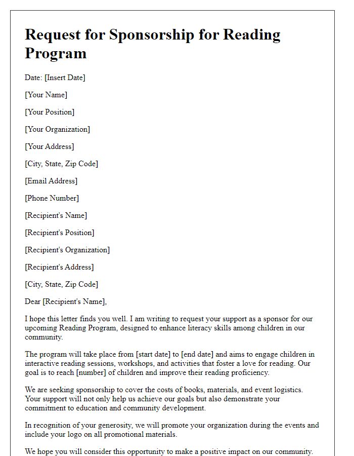 Letter template of reading program sponsorship request.