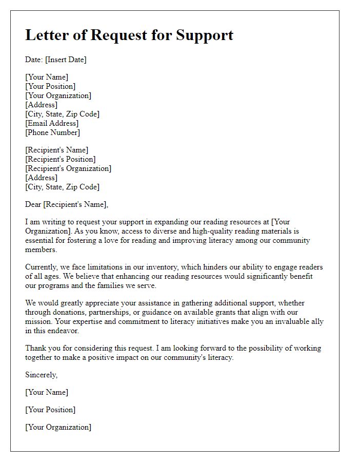 Letter template of request for support in expanding reading resources.