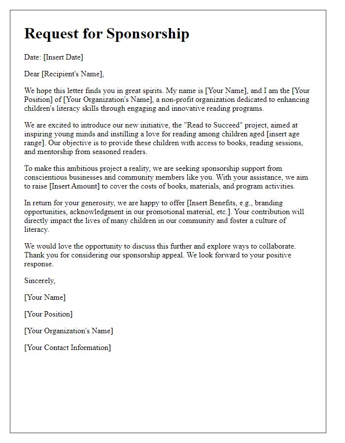 Letter template of sponsorship appeal for a childrens reading project.