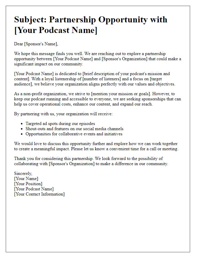 Letter template of podcast sponsorship appeal for non-profit organizations.