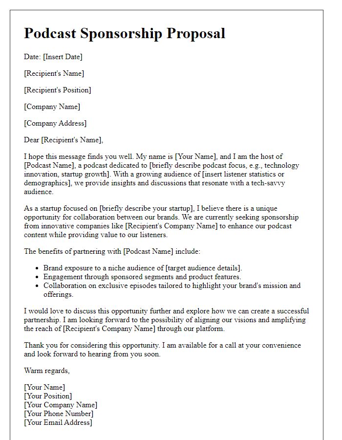 Letter template of podcast sponsorship letter for tech startups.