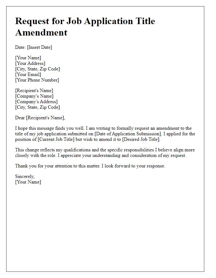 Letter template of request for job application title amendment