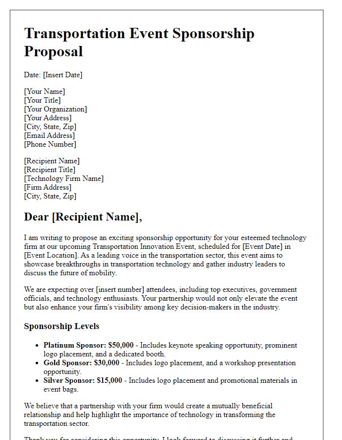 Letter template of transportation event sponsorship proposal for technology firms.