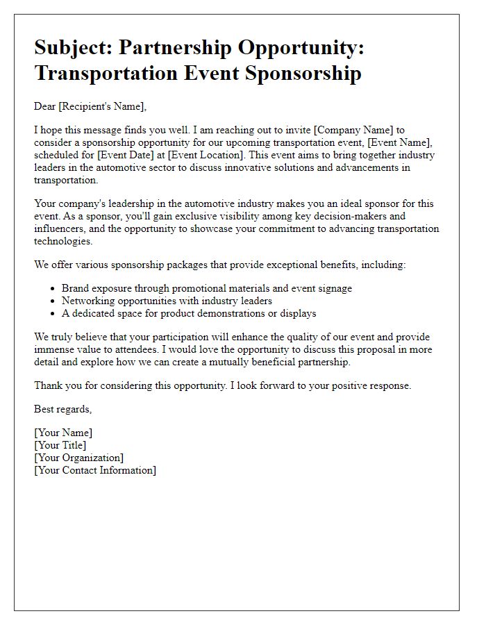 Letter template of transportation event sponsorship solicitation for automotive industry leaders.