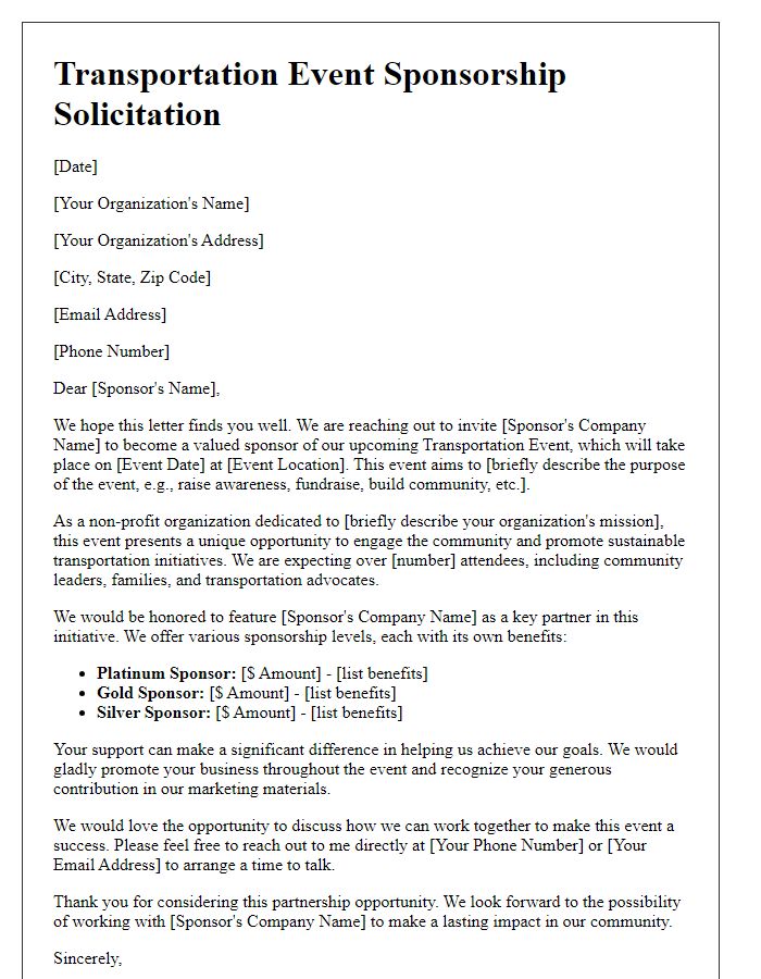 Letter template of transportation event sponsorship solicitation for non-profit organizations.