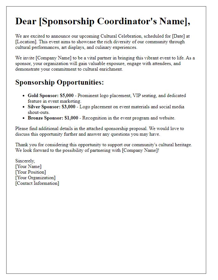 Letter template of Cultural Celebration Sponsorship Opportunity