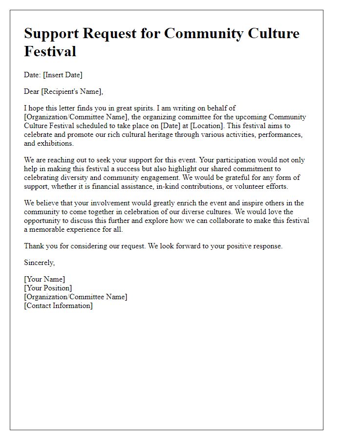 Letter template of Support Request for Community Culture Festival