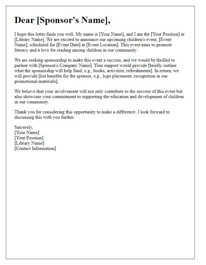 Letter template of library children's event sponsorship solicitation