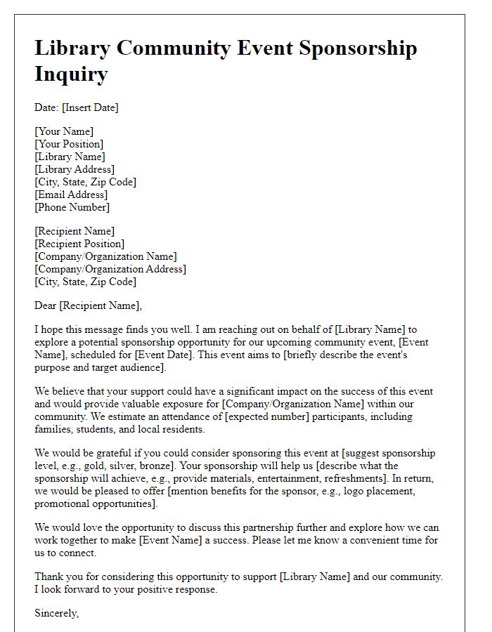 Letter template of library community event sponsorship inquiry