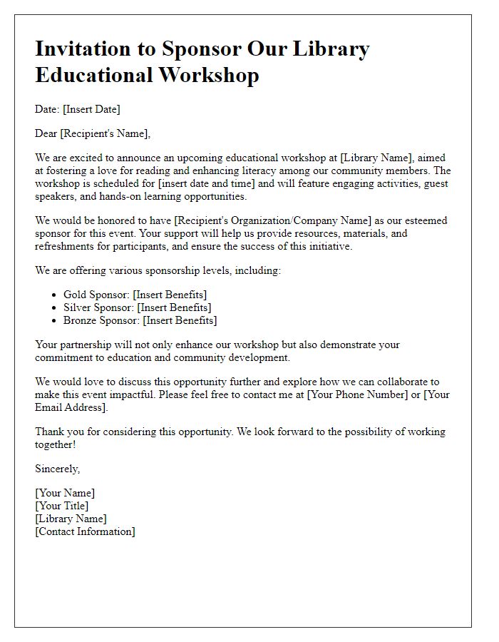 Letter template of library educational workshop sponsorship invitation